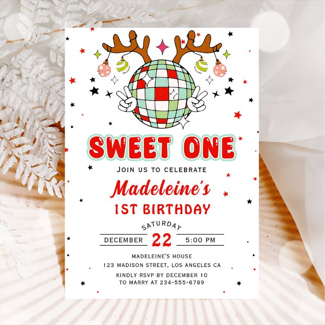 Retro Reindeer Christmas Birthday Party Sweet One Invitation (Creator Uploaded)