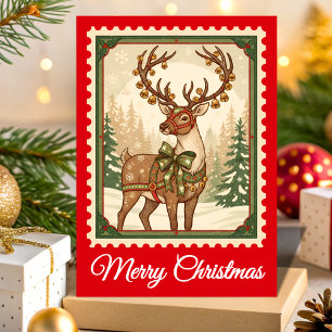 Retro Reindeer Christmas Postage Stamp Holiday Card