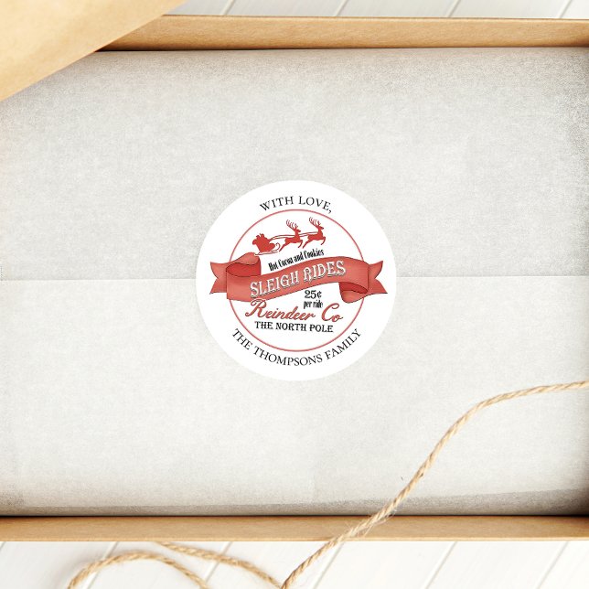 Retro Reindeer Christmas Red Custom Classic Round Sticker (Christmas gift label with vintage Santa Claus design. )