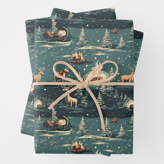 Retro Reindeer Christmas Wrapping Paper Sheet (In situ)