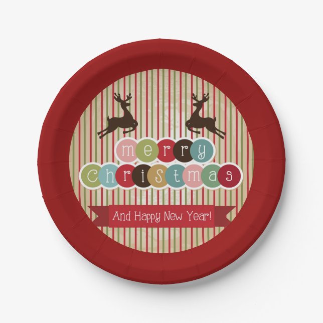Retro Reindeer Merry Christmas Happy New Year Paper Plate (Front)
