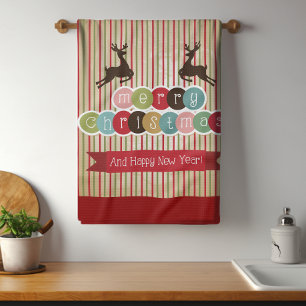 Retro Reindeer Merry Christmas Happy New Year Tea Towel