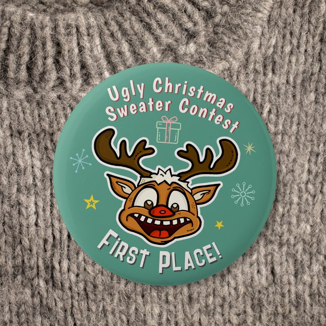Retro Reindeer Ugly Christmas Sweater Contest 1st 6 Cm Round Badge (Creator Uploaded)