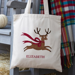 Retro Reindeer Wearing Red Scarf Vintage Style Tote Bag