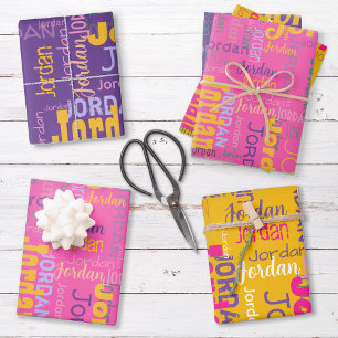 Retro Repeating Name Colours Pink Purple Yellow Wrapping Paper Sheet