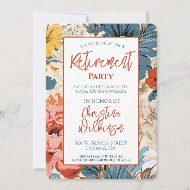 Retro Retirement Party Geranium Floral Invitation (Front)