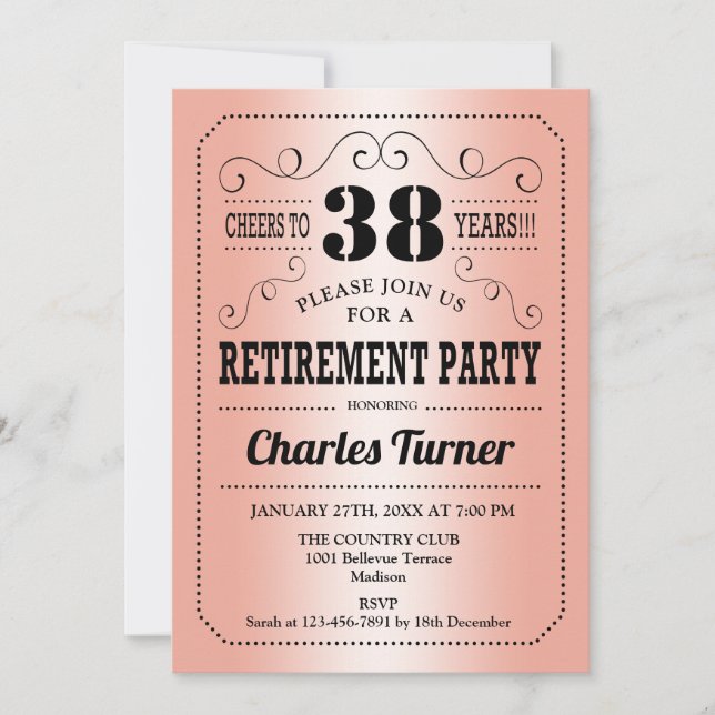 Retro Retirement Party - Rose Gold Black Invitation (Front)