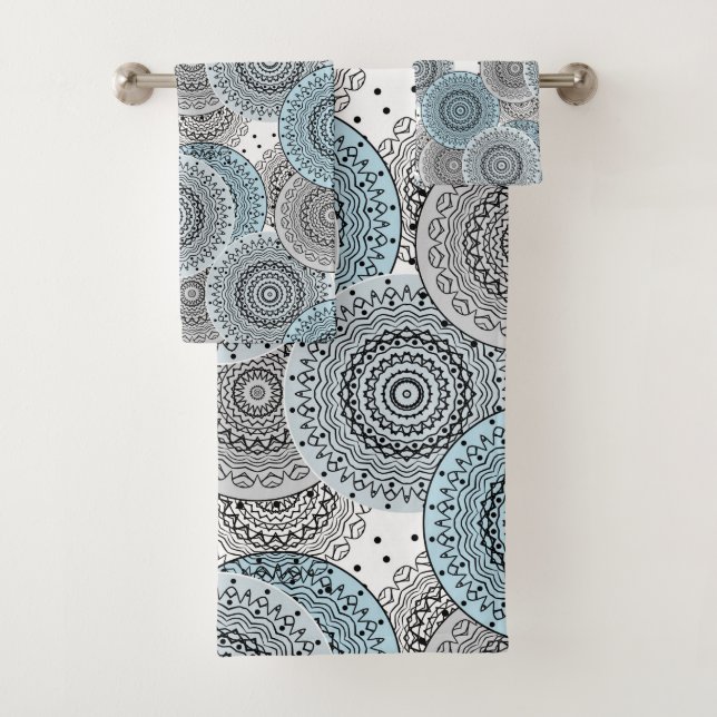 Retro, retro pattern, blue and grey,  elegant bath towel set (Insitu)