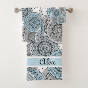 Retro, retro pattern, blue and grey, elegant bath towel set