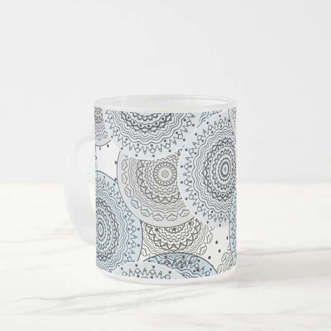 Retro, retro pattern, blue and grey,  elegant frosted glass coffee mug (Front Left)