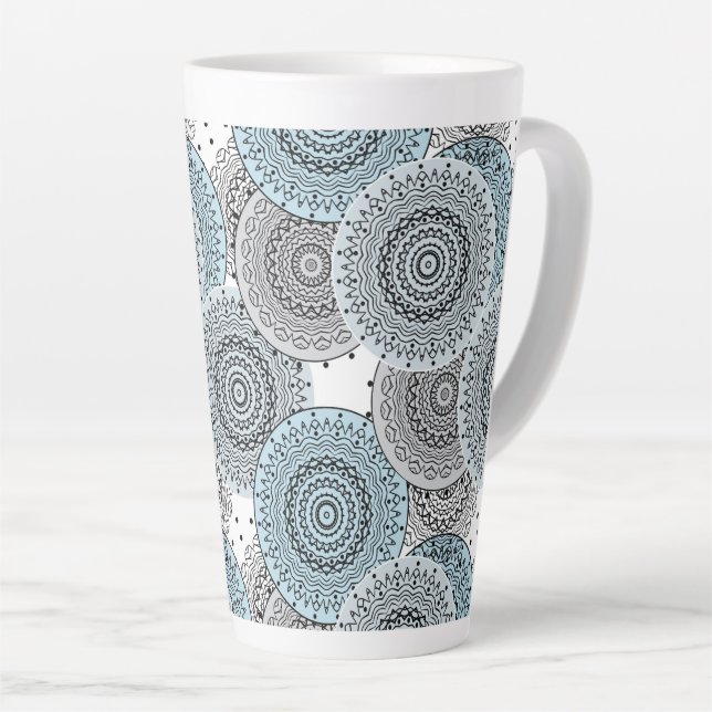 Retro, retro pattern, blue and grey,  elegant latte mug (Right Angle)