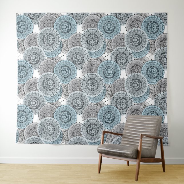 Retro, retro pattern, blue and grey,  elegant tapestry (In Situ (Horizontal))