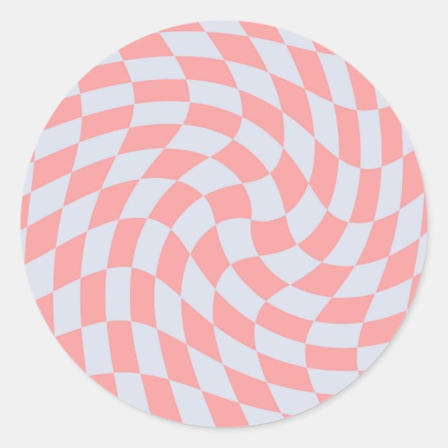 Retro Rhubarb Blue Pastel Warped Checks Chequered Classic Round Sticker (Front)