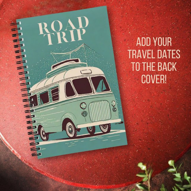 Retro Road Trip Journal | Road Trip Travel Journal (Teal green road trip travel journal featuring a retro camper and your custom travel dates!)
