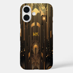 Retro Roaring 20's Art Deco Black Gold Monogram iPhone 16 Case