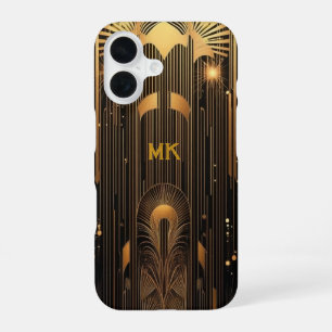 Retro Roaring 20's Art Deco Black Gold Monogram iPhone 16 Case