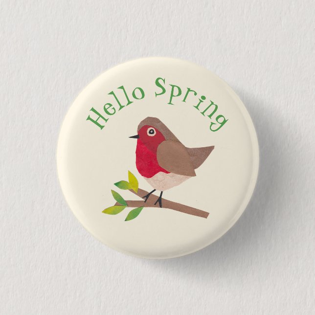 Retro Robin Hello Spring Cute Personalised Spring 3 Cm Round Badge (Front)