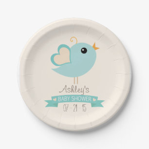 Retro Robin's Egg Blue Love Bird Baby Shower Paper Plate