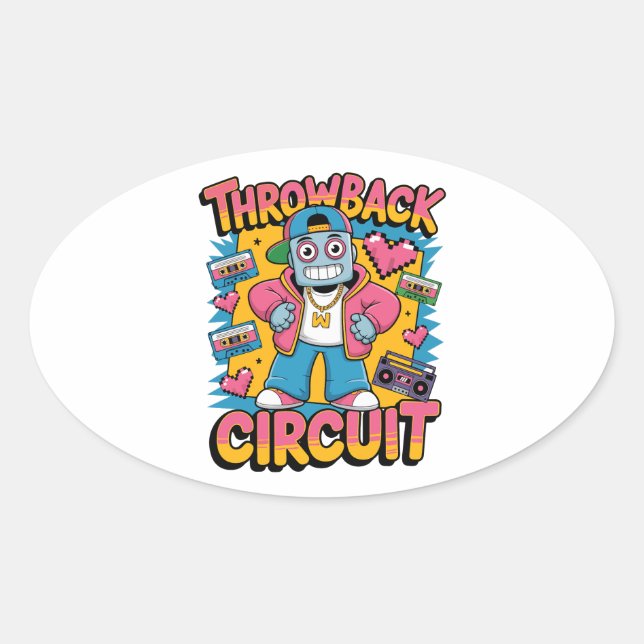 Retro Robot 90s Hip Hop Design – Fun Cartoon Throw Oval Sticker (Front)