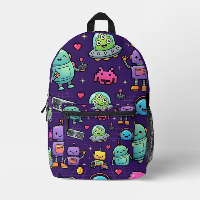 Retro Robot Alien Backpack – Space Arcade Design (Front)