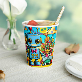 Retro Robot Birthday Boy customisable Paper Cups