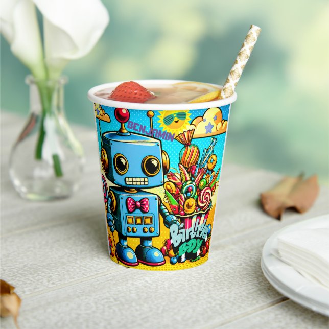 Retro Robot Birthday Boy customisable Paper Cups (Insitu)