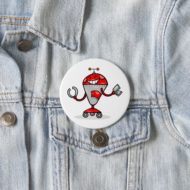 Retro Robot Cartoon Fun Red and Silver AI Bot  7.5 Cm Round Badge (Creator Uploaded)