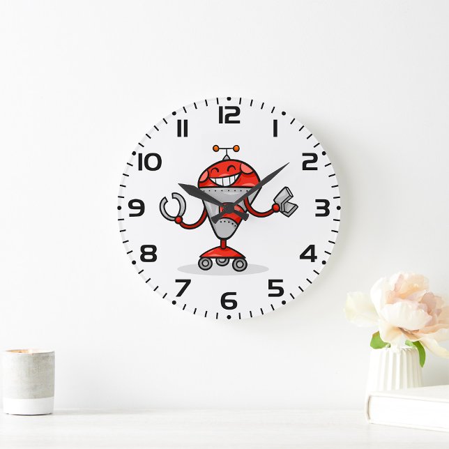 Retro Robot Cartoon Fun Red and Silver AI Bot  Large Clock (Creator Uploaded)