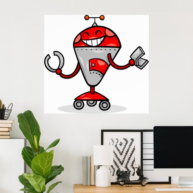 Retro Robot Cartoon Fun Red and Silver AI Bot  Poster (Creator Uploaded)