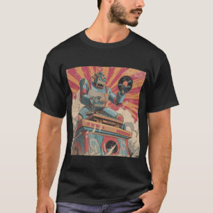 Retro Robot DJ with Vinyl — Vintage Comic Sunburst T-Shirt
