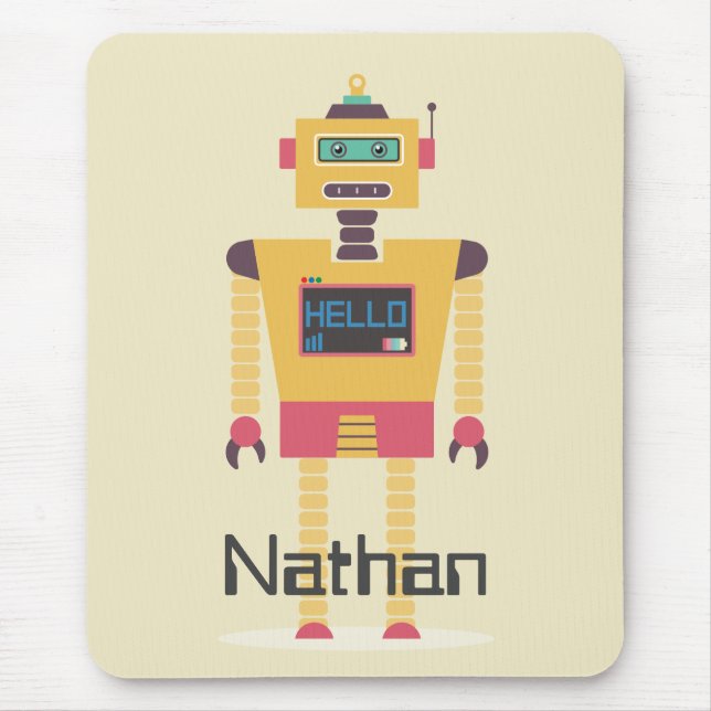 Retro Robot Illustration Personalised Kids Mouse Mat (Front)