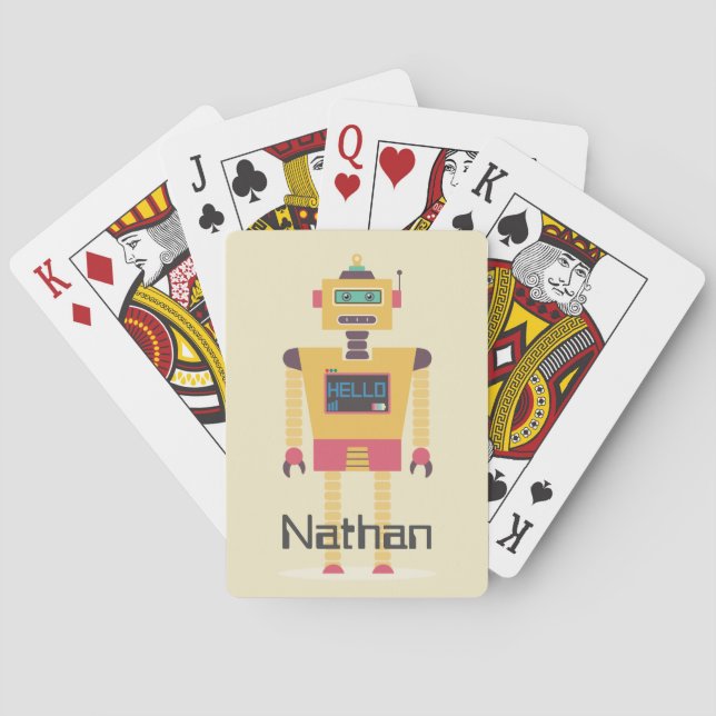 Retro Robot Illustration Personalised Kids Playing Cards (Back)