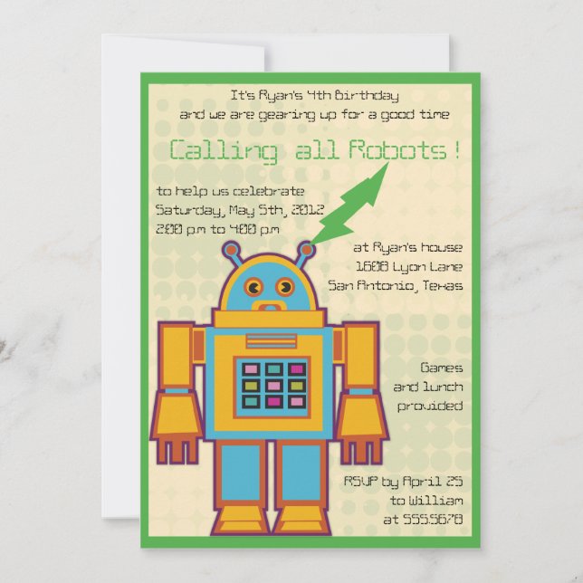 Retro Robot-kids birthday invitation -3 (Front)