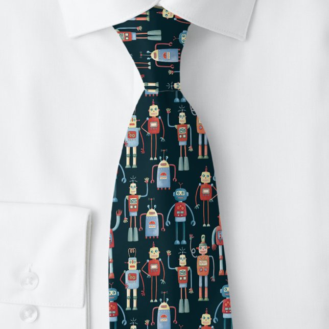 Retro Robot Pattern Dark Tie (Retro robot pattern neck tie)