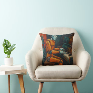 RETRO ROBOT PIANIST I  COLORFUL ABSTRACT MUSIC ART CUSHION