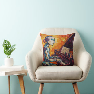 RETRO ROBOT PIANIST VI COLORFUL VINTAGE PIANO AR CUSHION