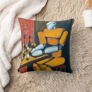 RETRO-ROBOT PLAYING CHESS COLOURFUL DECORATIVE CUSHION