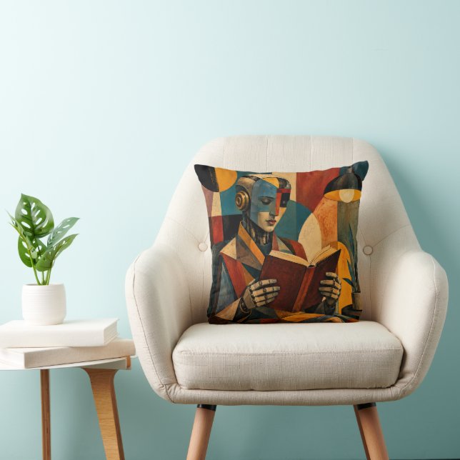 RETRO ROBOT READING I | ABSTRACT BOOK LOVER DECOR CUSHION (Chair)