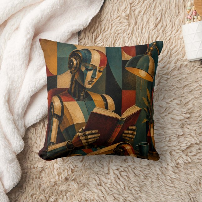RETRO ROBOT READING II | VINTAGE AI READER CUSHION (Blanket)