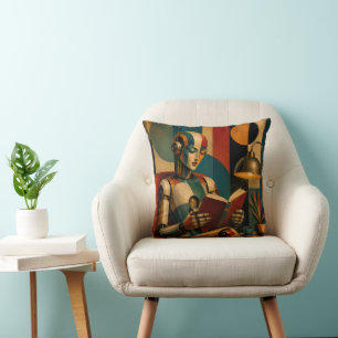 RETRO ROBOT READING IV WHIMSICAL ROBOT BOOKWORM CUSHION