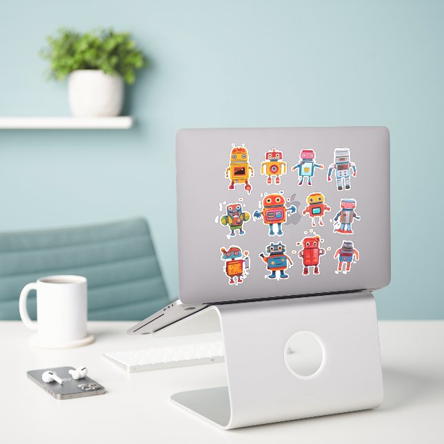 Retro Robot Rendezvous Sticker Collection (Laptop On Desk)
