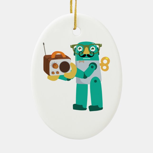 Retro Robot with Radio Ceramic Tree Decoration (Back)