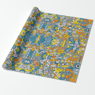 Retro robots are back and want to have fun pattern wrapping paper