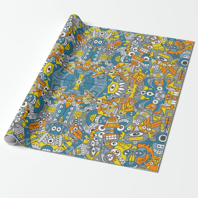 Retro robots are back and want to have fun pattern wrapping paper (Unrolled)
