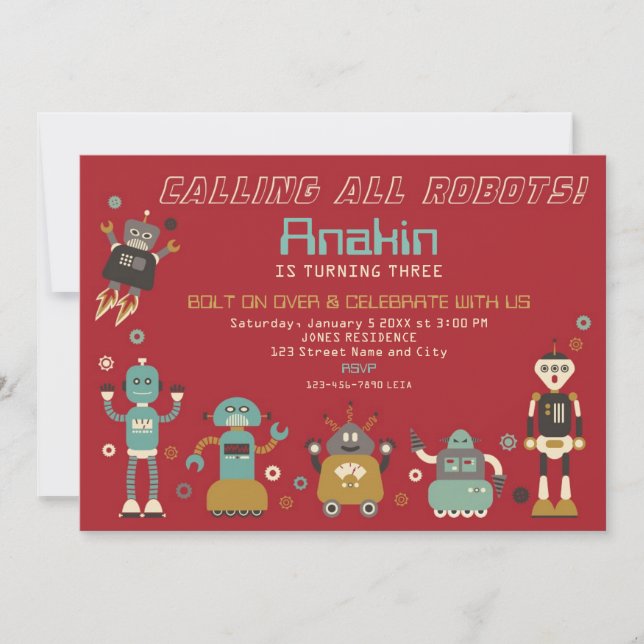 Retro Robots Birthday Party Invitation (Front)