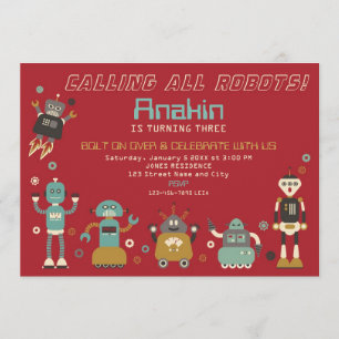 Retro Robots Birthday Party Invitation