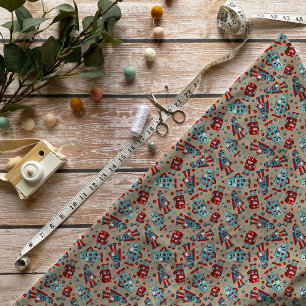 Retro Robots Blue and Red Patterned Fabric