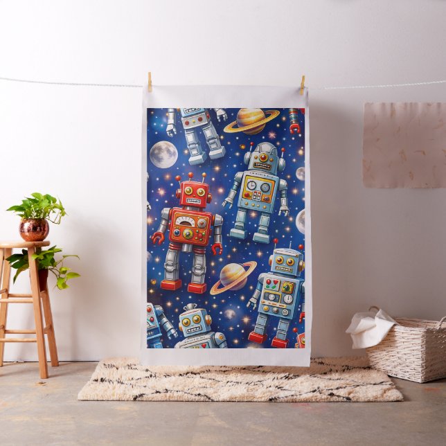 Retro robots in space fabric, colourful outer spac fabric (In Situ)