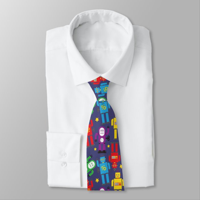 Retro Robots Pattern Geek Blue Wedding Tie (Tied)