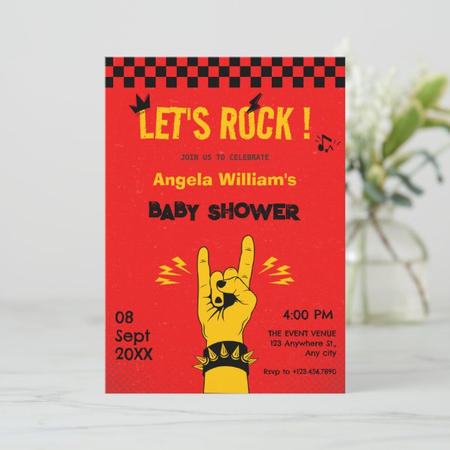 Retro rock music red yellow birthday invitation (Standing Front)